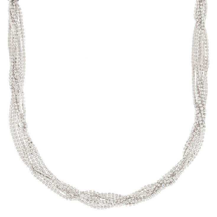 Silver Rhinestone Twisted Statement Necklace,
