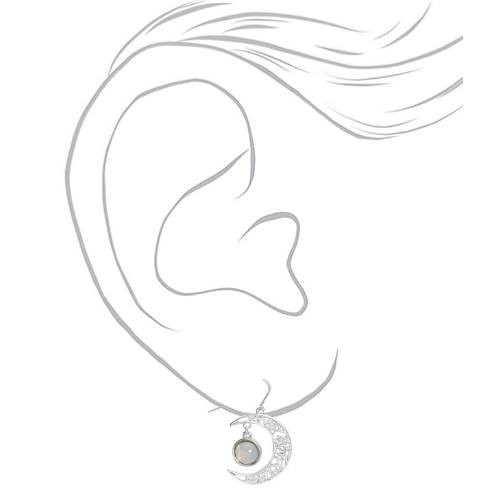 Silver 1&quot; Opal Stone Crescent Moon Drop Earrings,