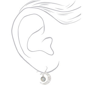 Silver 1&quot; Opal Stone Crescent Moon Drop Earrings,