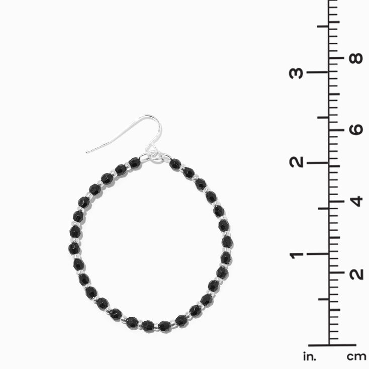 Silver Black Beads 1&quot; Hoop Drop Earrings,