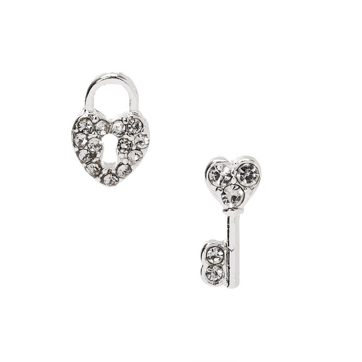 Silver Embellished Lock & Key Stud Earrings,