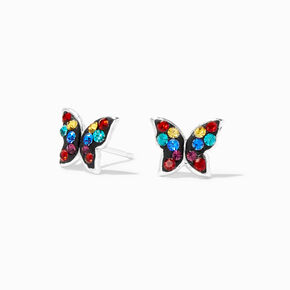Sterling Silver Rainbow Crystal Butterfly Stud Earrings,