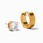 Gold-tone Stainless Steel Huggie Hoop &amp; 7MM Cubic Zirconia Stud Earrings,