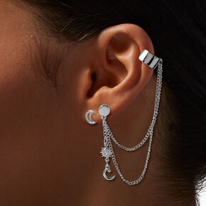 Silver-tone Stars &amp; Moons Chain Ear Cuff Connector Stack Earrings,