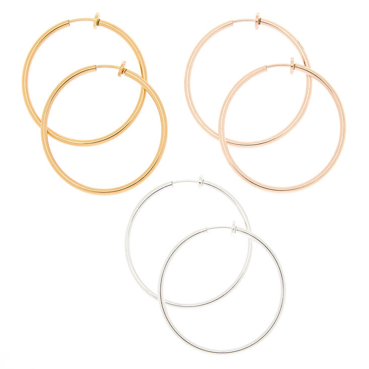 Mixed Metal 40MM Clip On Hoop Earrings - 3 Pack,