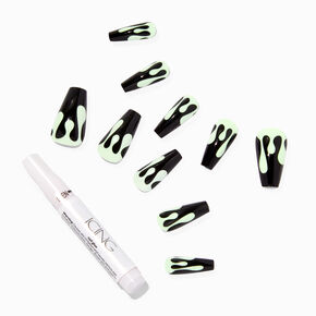 Black &amp; Green Drip Squareletto Vegan Faux Nail Set - 24 Pack,