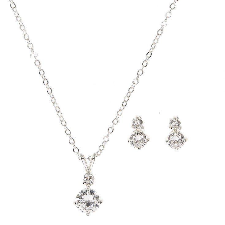 Silver Cubic Zirconia Diamond Drop Pendant Necklace & Earrings Set,