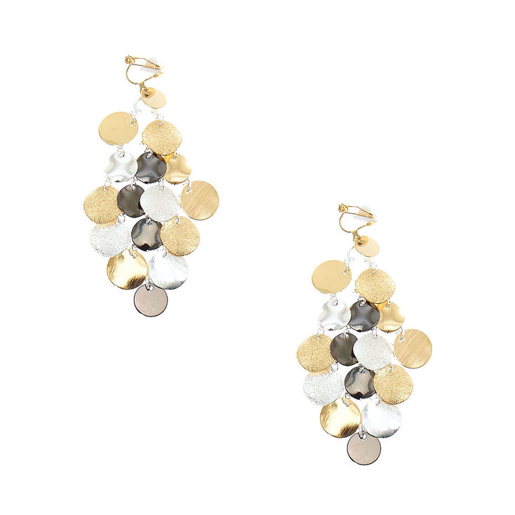 Hammered Gold Silver Tone Disc Chandelier Clip On Drop Earrings Hammered Gold Silver Tone Disc Chandelier Clip On Drop Earrings