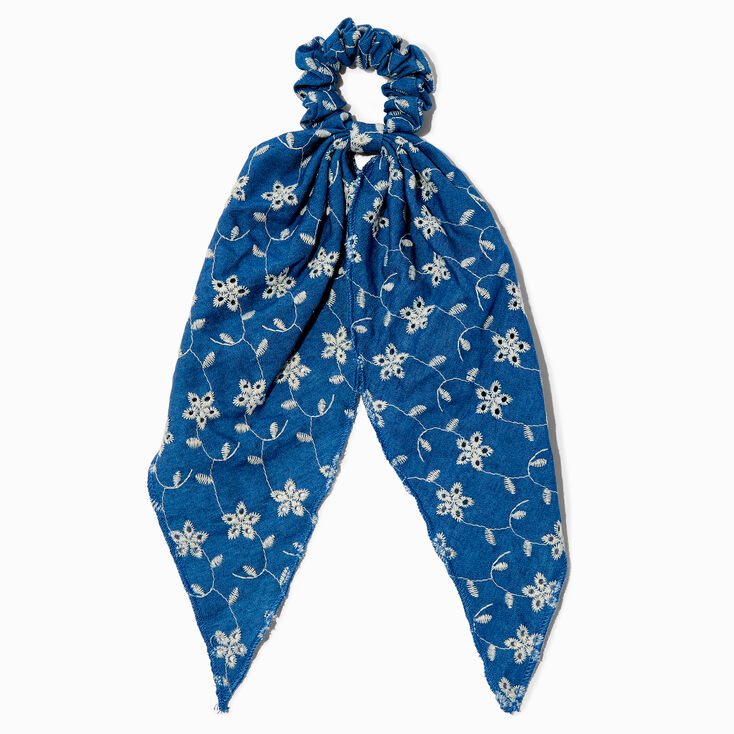 Embroidered Floral Denim Hair Scrunchie Scarf,