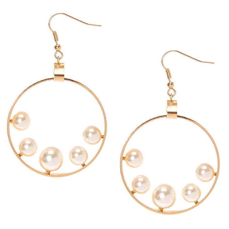 Gold Tone Flat Open Circle Floating Faux Pearls Drop Earrings,