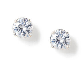 Silver Cubic Zirconia Love Setting Round Stud Earrings - 8MM,