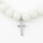 Silver Cross Beaded Stretch Bracelet - White,
