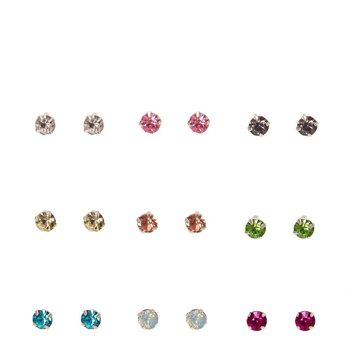 Silver Tone Framed Colored Crystal Stud Earrings,