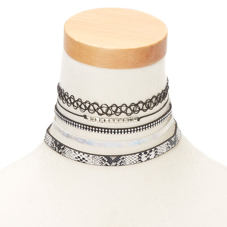 Silver Metallic Snake Print Choker Necklaces - 5 Pack,