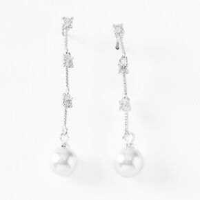 Silver 1.5&quot; Crystal Pearl Linear Drop Earrings,