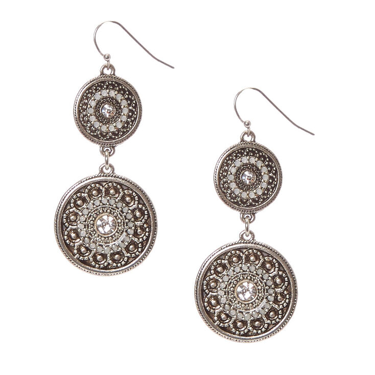 Silver 2" Antique Medallion Drop Earrings,