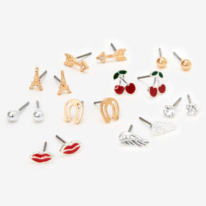 Mixed Metal Tiny Icons Stud Earrings - 9 Pack,