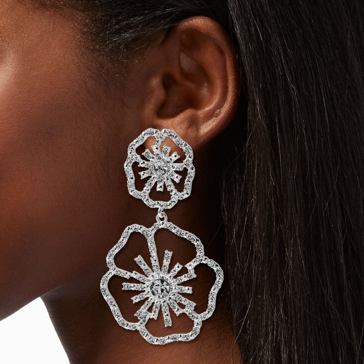 Crystal Double Flower Outline 3&quot; Drop Earrings,