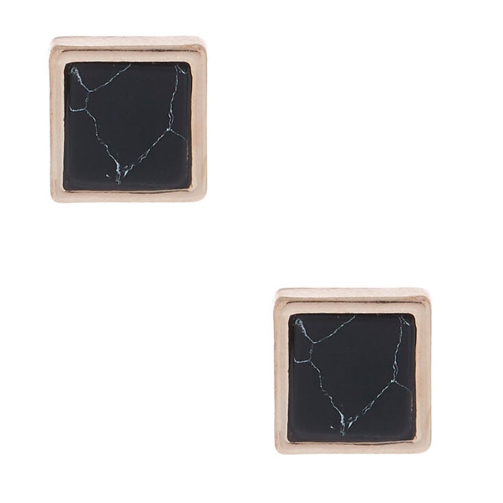Rose Gold Marbled Square Stud Earrings - Black,