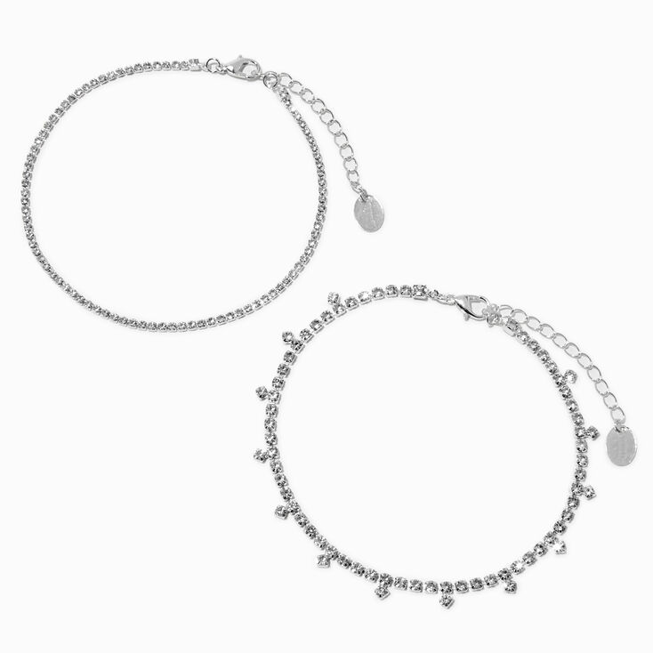 Silver-tone Crystal Drip Cup Chain Anklets - 2 Pack,