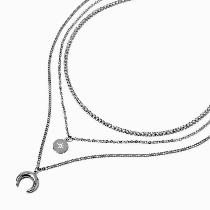 Silver-tone Stainless Steel Cubic Zirconia Horn Pendant Multi-Strand Necklace,