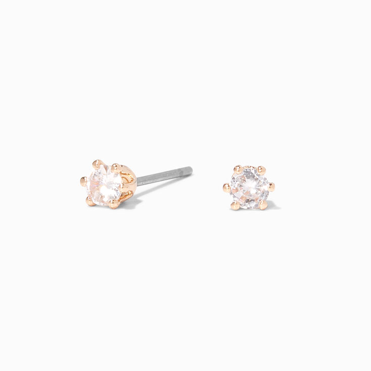 Gold Cubic Zirconia Round Stud Earrings - 3MM,