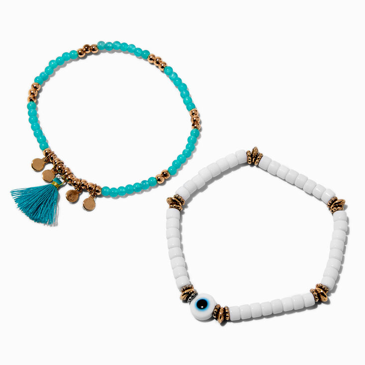 Turquoise Tassel Evil Eye Beaded Stretch Bracelet Set - 2 Pack,