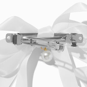 White Satin Pearl Long Tail Bow Hair Clip,