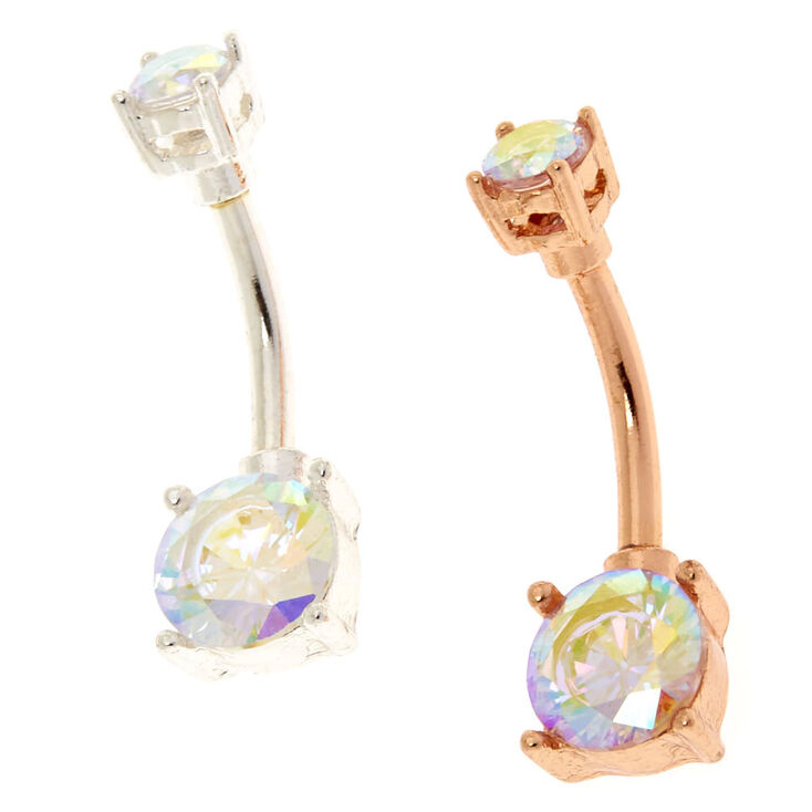 Mixed Metal Stainless Steel AB Cubic Zirconia 14G Belly Bar - 2 Pack,