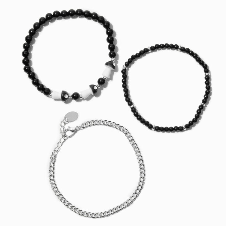 Black Mushroom Beaded &amp; Curb Chain Bracelet Set - 3 Pack,