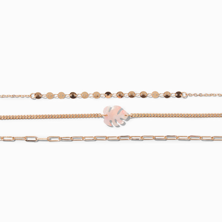 Pink Leaf Gold Beaded Chain Bracelets - 5 Pack,