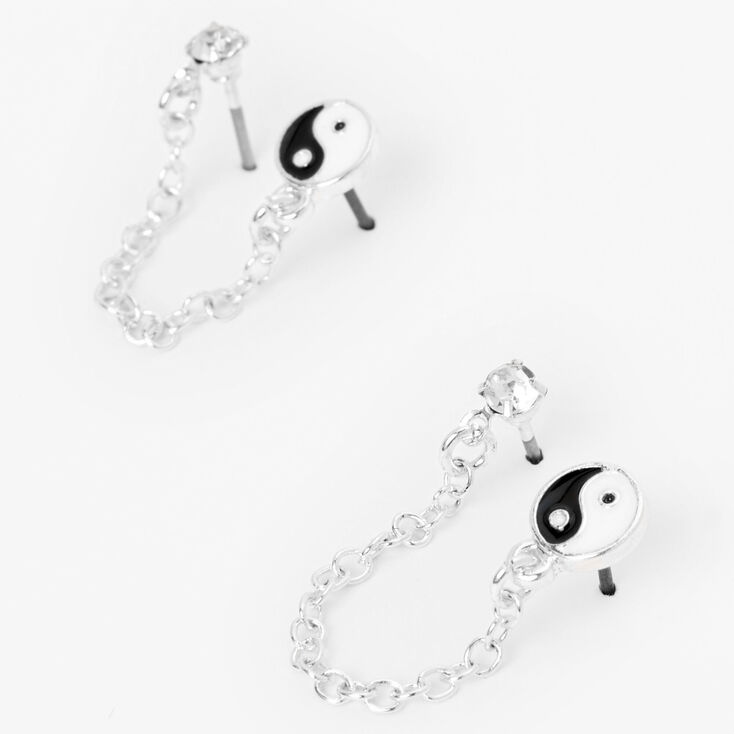 Silver Yin Yang &amp; Faux Crystal Stud Connector Chain Earrings,
