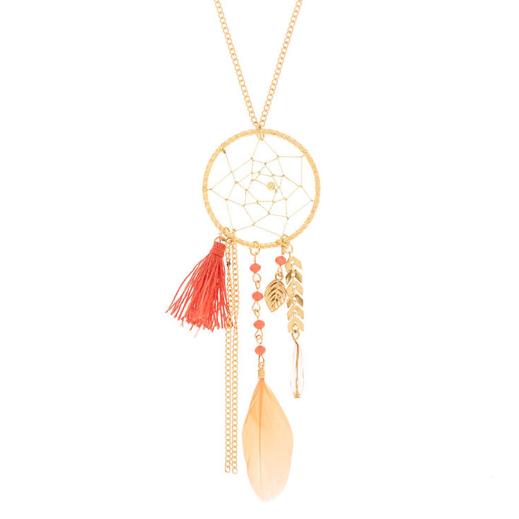 Gold Dreamcatcher Long Pendant Necklace - Coral,
