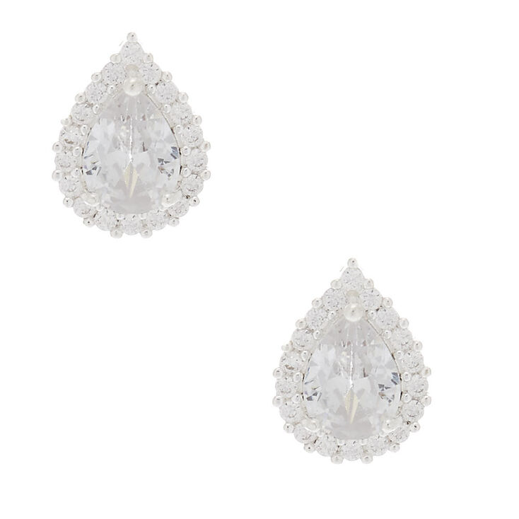 Silver Cubic Zirconia Teardrop Stud Earrings - 6MM,