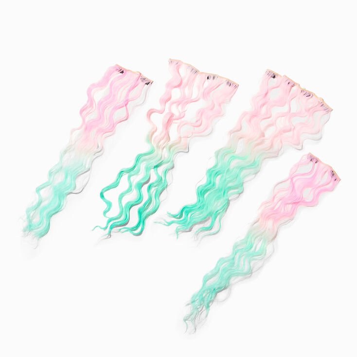 Pink &amp; Mint Ombre Curly Faux Hair Clip In Extensions - 4 Pack,