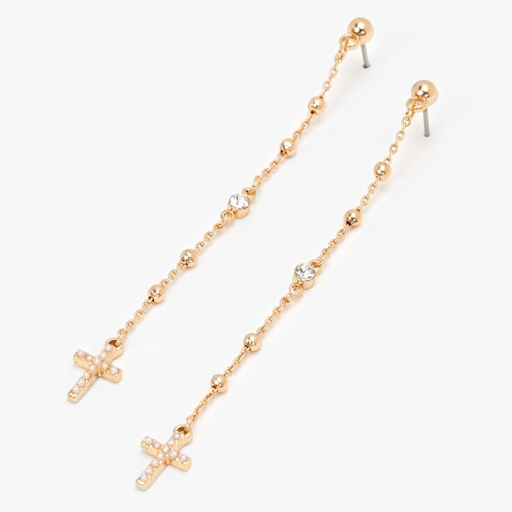 Gold 3" Pearl Cross Drop Earrings,
