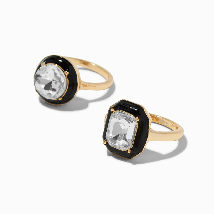 Black Enamel Geometric Crystal Gold-tone Rings - 2 Pack,