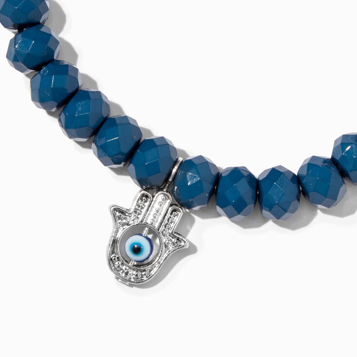 Silver Hamsa Hand Blue Beaded Stretch Bracelet,