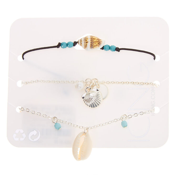 Silver Cowrie Shell Chain Bracelets - 3 Pack,