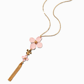 Pink Cherry Blossom Tassel Pendant Long Necklace,
