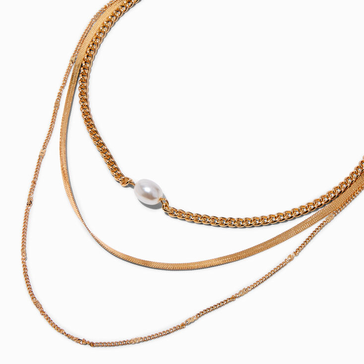 Gold-tone Multi-Strand Mixed Chain Pearl Pendant Necklace,