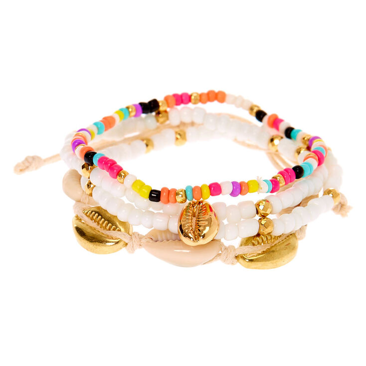 Mixed Rainbow Beaded Cowrie Shell Bracelets - 4 Pack,