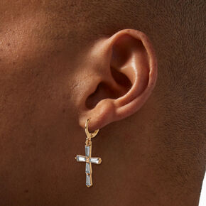 Gold-tone Crystal Baguette Cross Clicker Hoop Earrings,