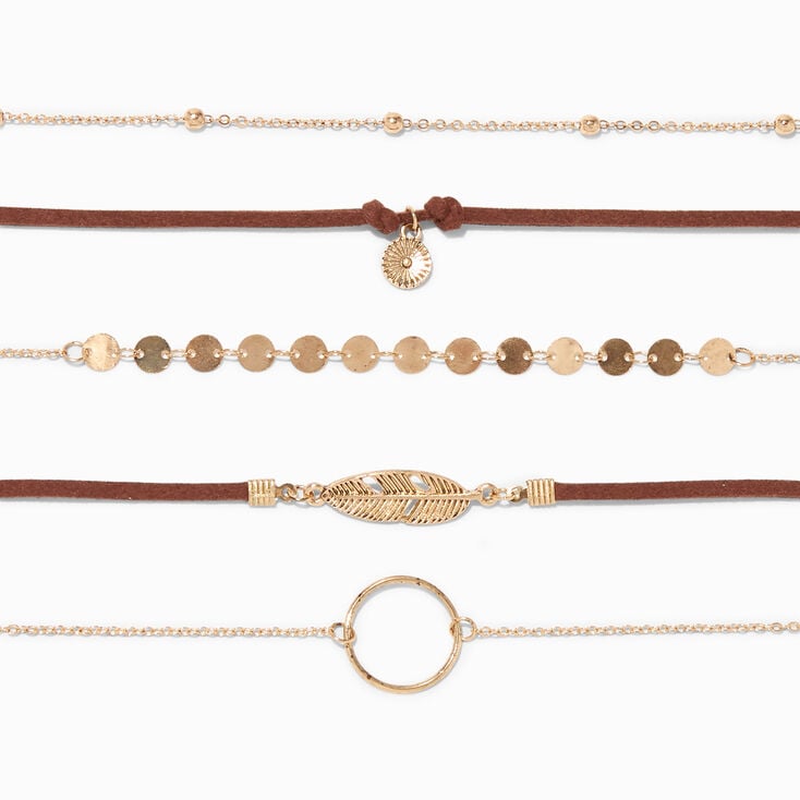 Gold Mixed Feather Choker Necklaces - 5 Pack,