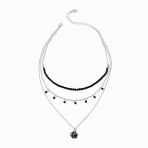 Silver-tone Rose Black Beaded Multi-Strand Necklace,