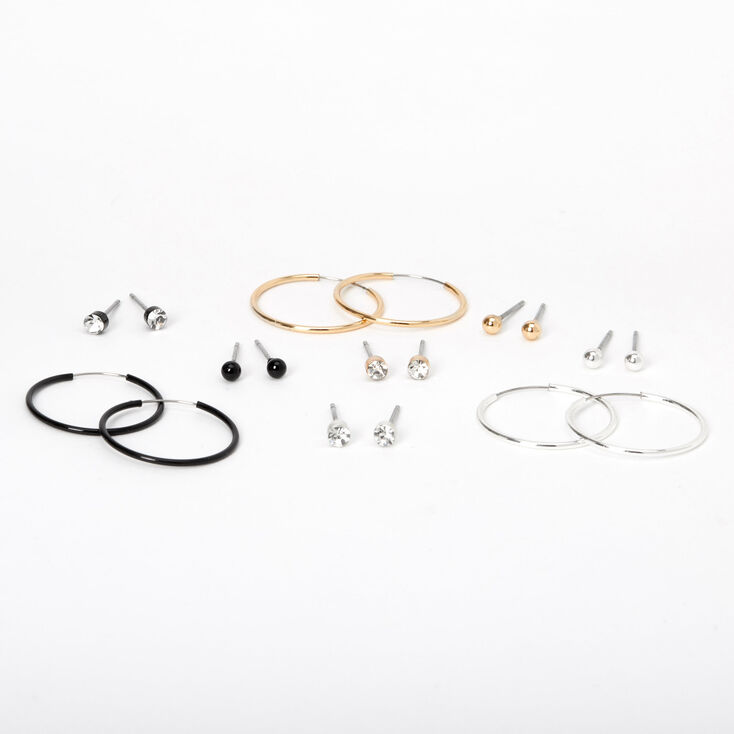 Mixed Metal 20MM Stud Crystal & Hoop Earrings - 9 Pack,
