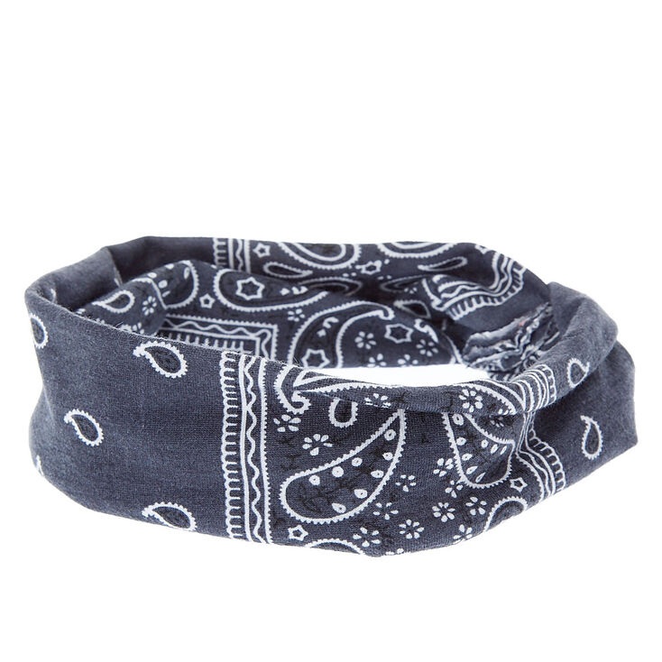 Charcoal Gray Paisley Print Knotted Jersey Headwrap,