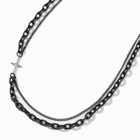 Silver Side Cross Black Chainlink Multi-Strand Necklace,