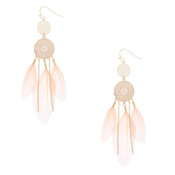 Gold 3.5" Filigree Dreamcatcher Feather Drop Earrings - Pink,