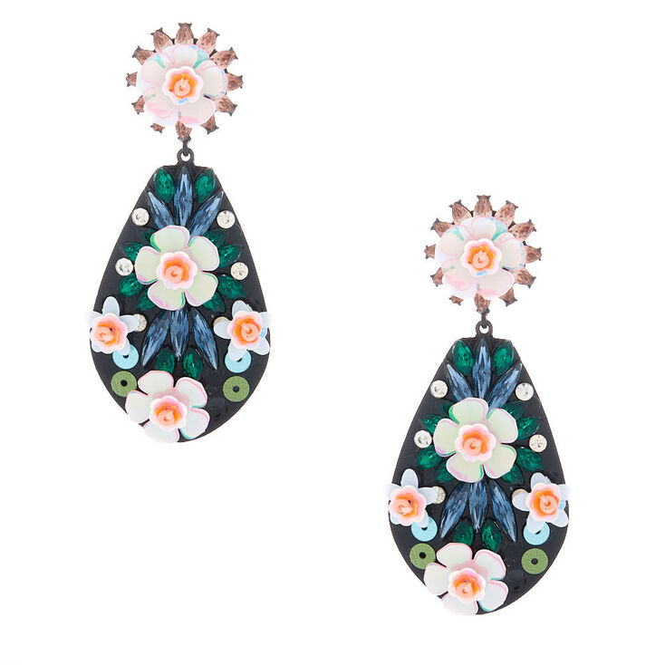 Silver 2" Sequin Floral Drop Earrings - Pink,